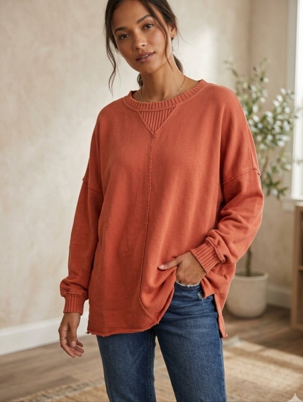 Aerie Oversized Distressed Dolman Sleeve Orange/Pink Sweatshirt, XS